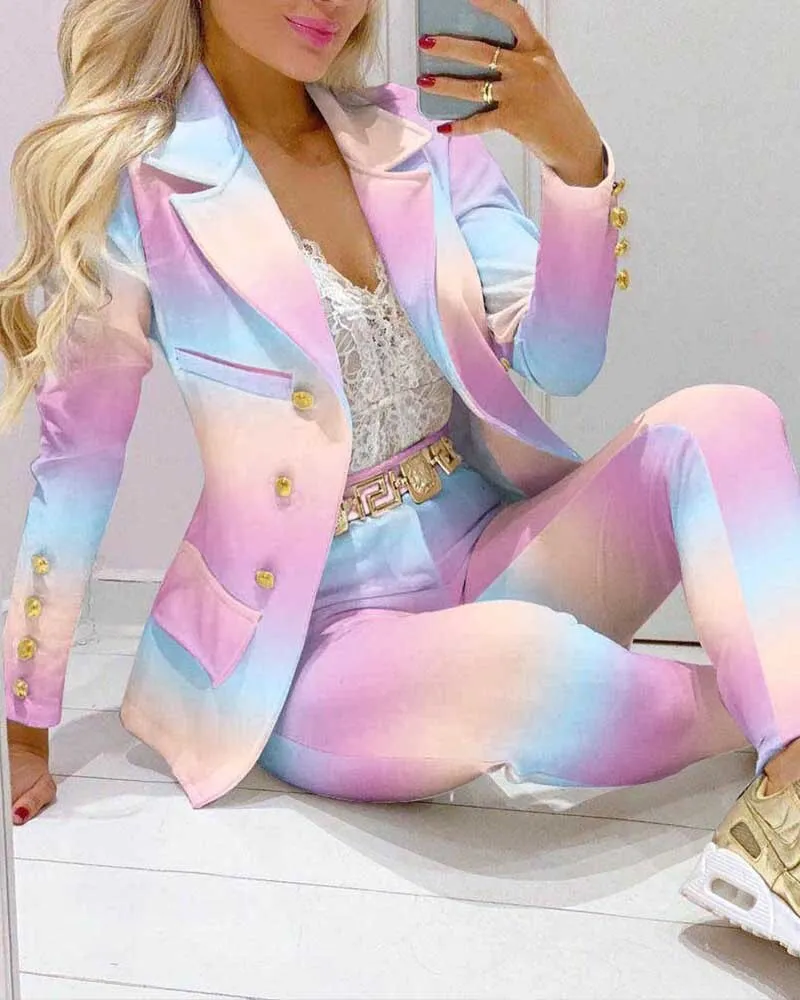 2023 Women Formal Jacket & Trousers Office Lady Outfits Autumn Women Two Pieces Set Print Blazer Coat & Pants Suit Sets Female