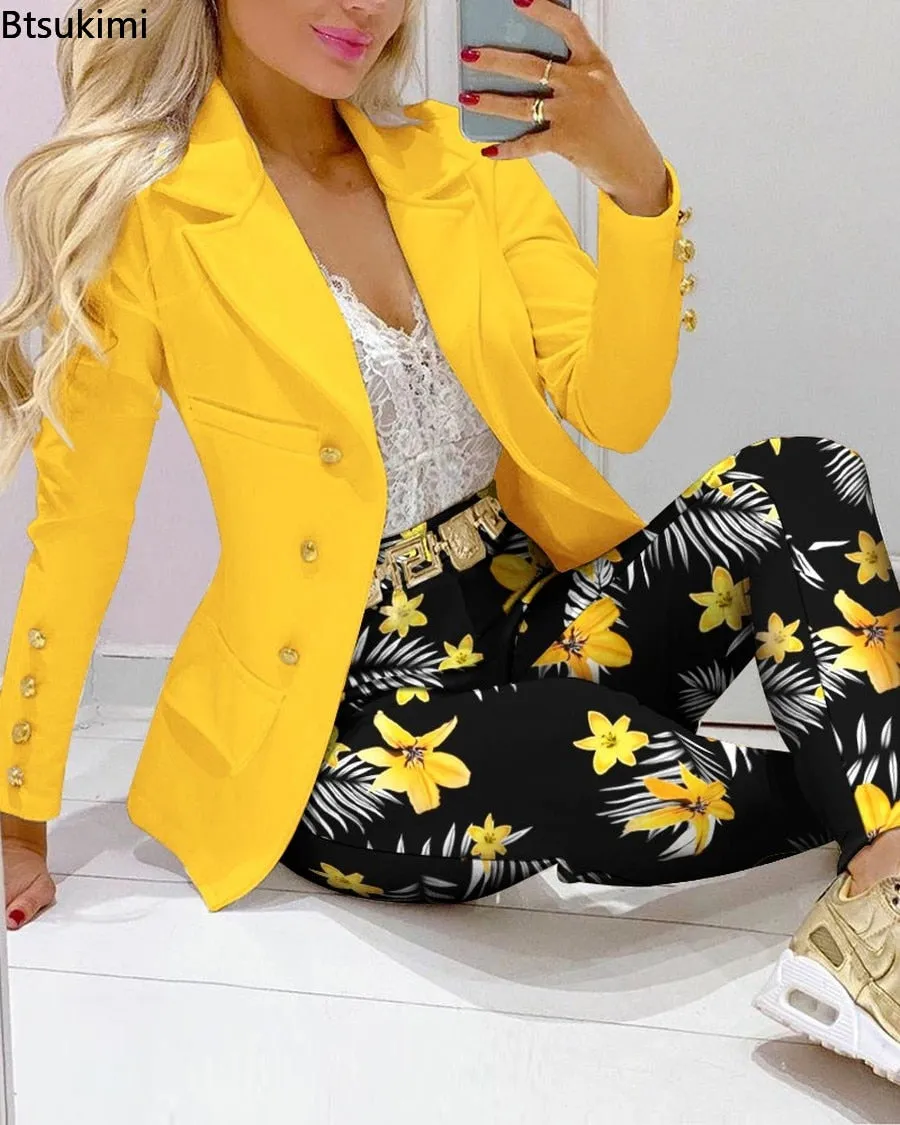 2023 Women Formal Jacket & Trousers Office Lady Outfits Autumn Women Two Pieces Set Print Blazer Coat & Pants Suit Sets Female