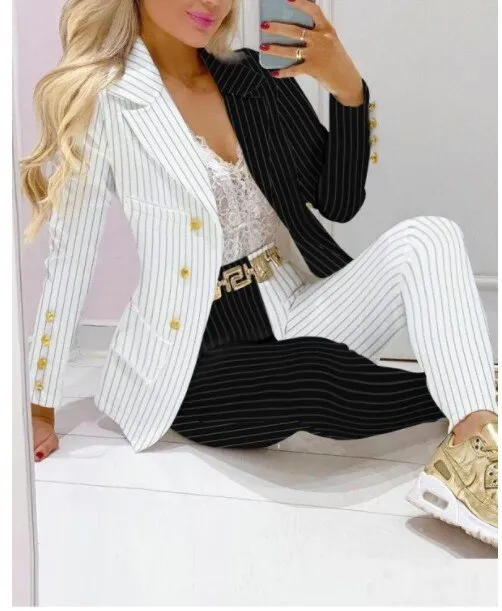 2023 Women Formal Jacket & Trousers Office Lady Outfits Autumn Women Two Pieces Set Print Blazer Coat & Pants Suit Sets Female