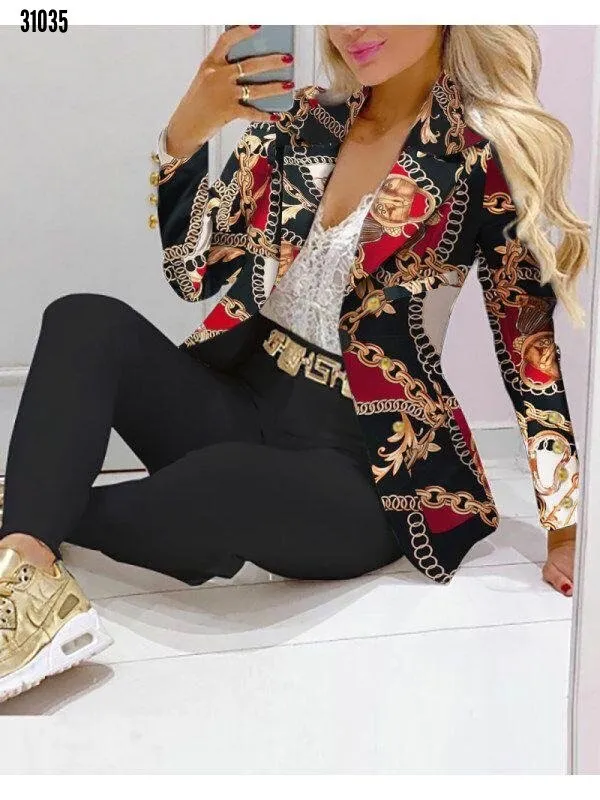 2023 Women Formal Jacket & Trousers Office Lady Outfits Autumn Women Two Pieces Set Print Blazer Coat & Pants Suit Sets Female