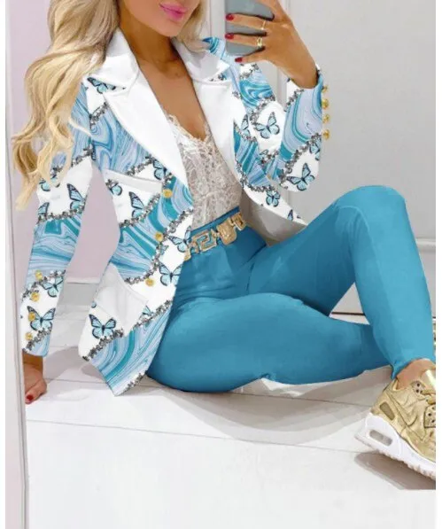 2023 Women Formal Jacket & Trousers Office Lady Outfits Autumn Women Two Pieces Set Print Blazer Coat & Pants Suit Sets Female