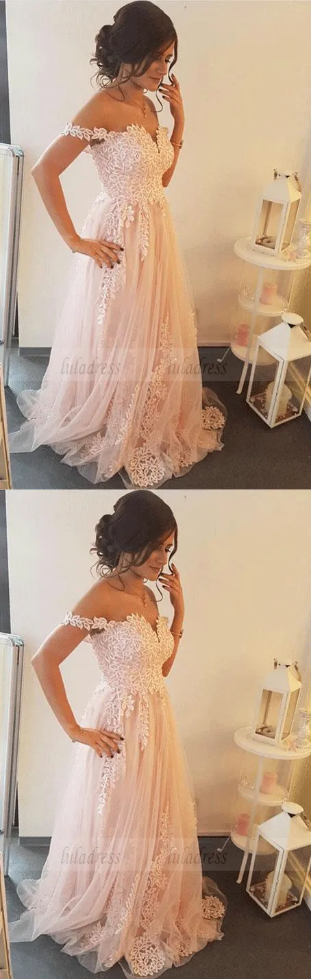 Applique Long Prom Dress,Off The Shoulder Tulle Evening Dress