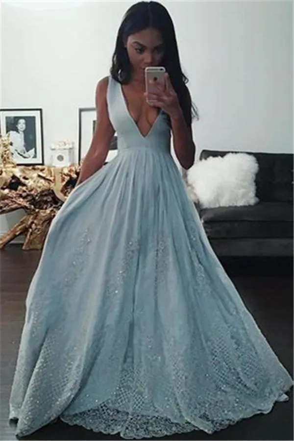 Baby Blue V-Neck Beading Lace Formal Evening Dresses Beautiful Sleeveless Formal Dresses