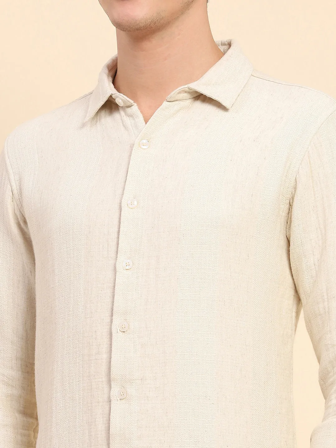 Beige Cotton Linen Self Design Casual Shirt