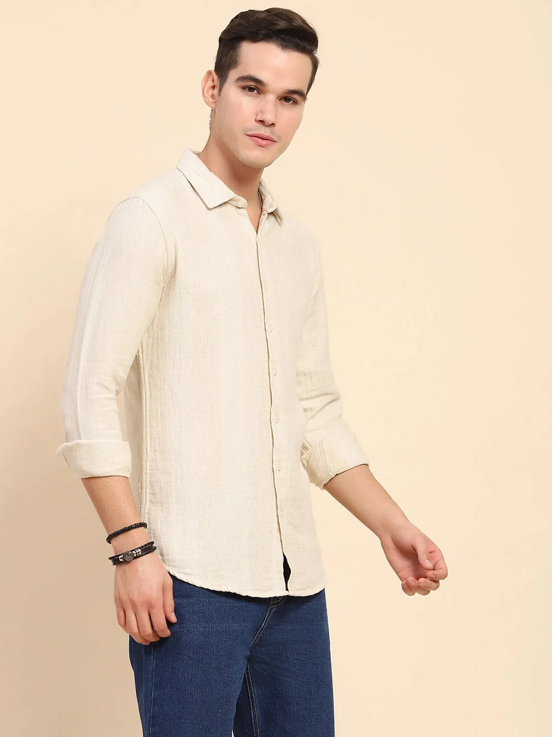 Beige Cotton Linen Self Design Casual Shirt