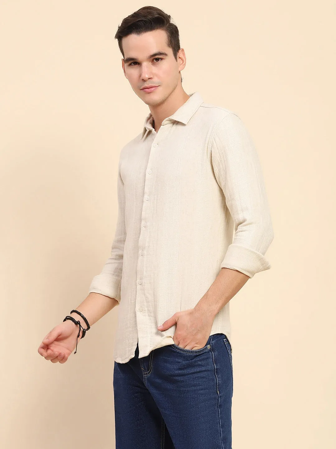 Beige Cotton Linen Self Design Casual Shirt