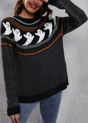 Black Ghost Cozy Patchwork Knit Sweaters O Neck Fall AE1023