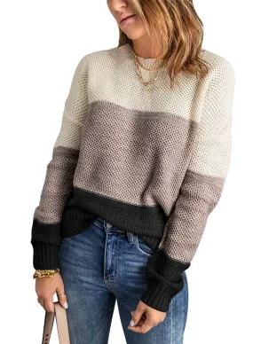 Black Womens Color Block Sweaters Long Sleeve Crewneck Pullover Knit Jumper Tops - Dokotoo