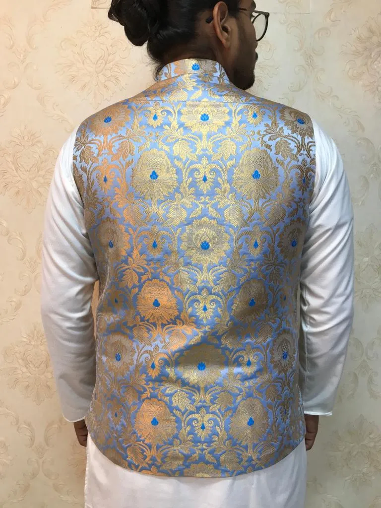 Blue Handloom Banarasi Kimkhwab Nehru Jacket