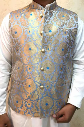 Blue Handloom Banarasi Kimkhwab Nehru Jacket