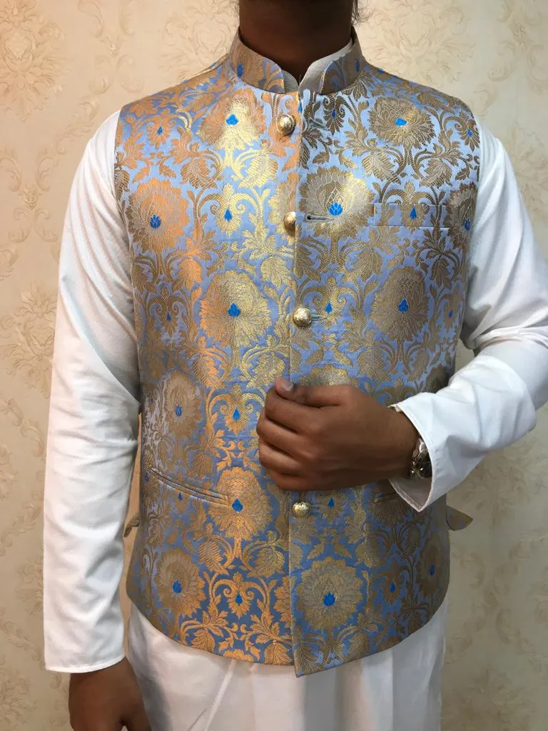 Blue Handloom Banarasi Kimkhwab Nehru Jacket