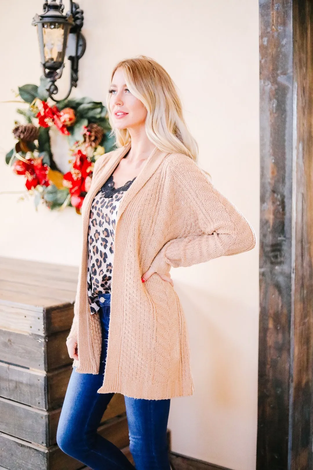 Cable Knit Belted Cardigan In Caramel