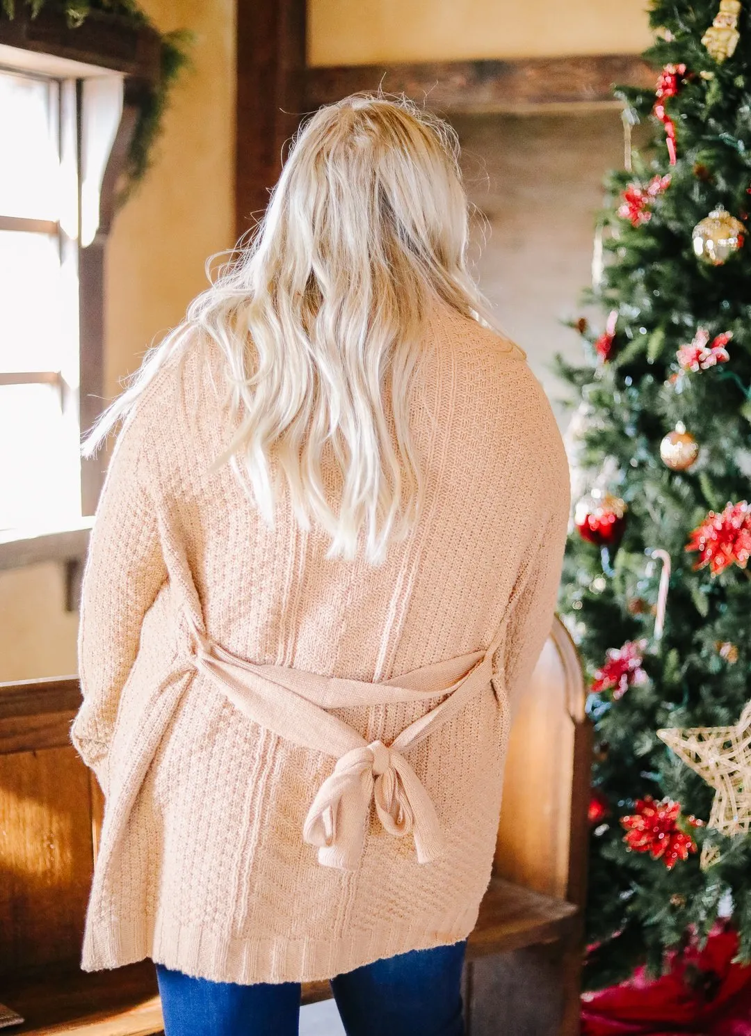 Cable Knit Belted Cardigan In Caramel