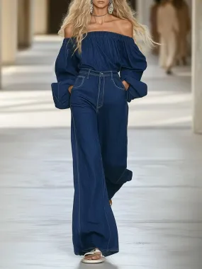 Casual Loose Fashionable Elastic One-Shoulder Wide-Leg Pants Denim Suit