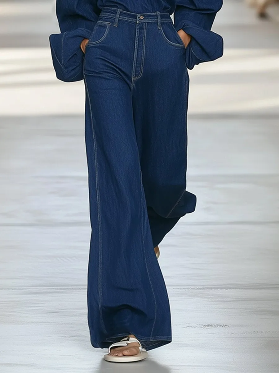 Casual Loose Fashionable Elastic One-Shoulder Wide-Leg Pants Denim Suit