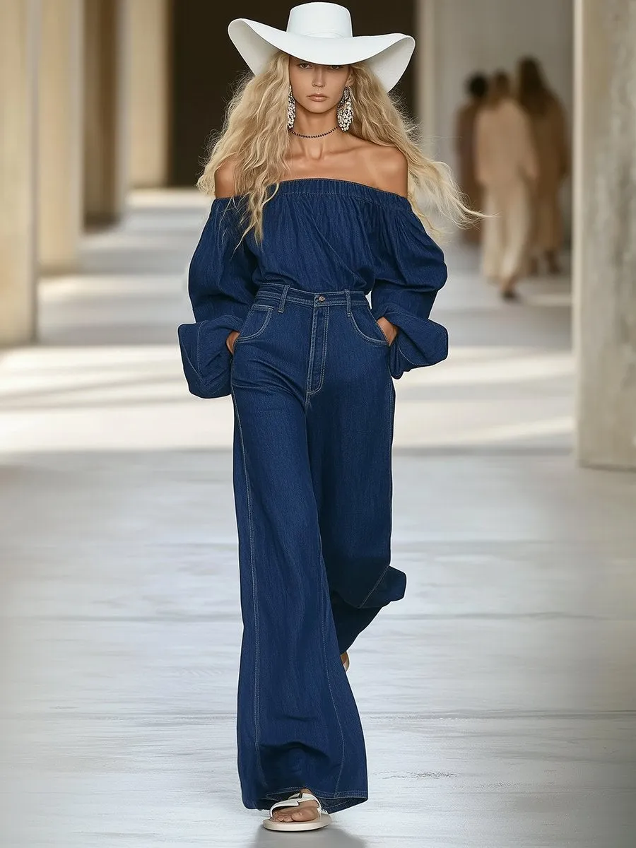 Casual Loose Fashionable Elastic One-Shoulder Wide-Leg Pants Denim Suit