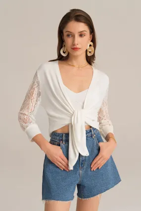 Casual V-neck 3/4 Lace Sleeve Knitted top - White