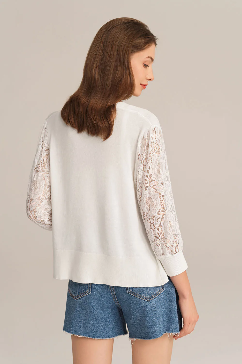 Casual V-neck 3/4 Lace Sleeve Knitted top - White