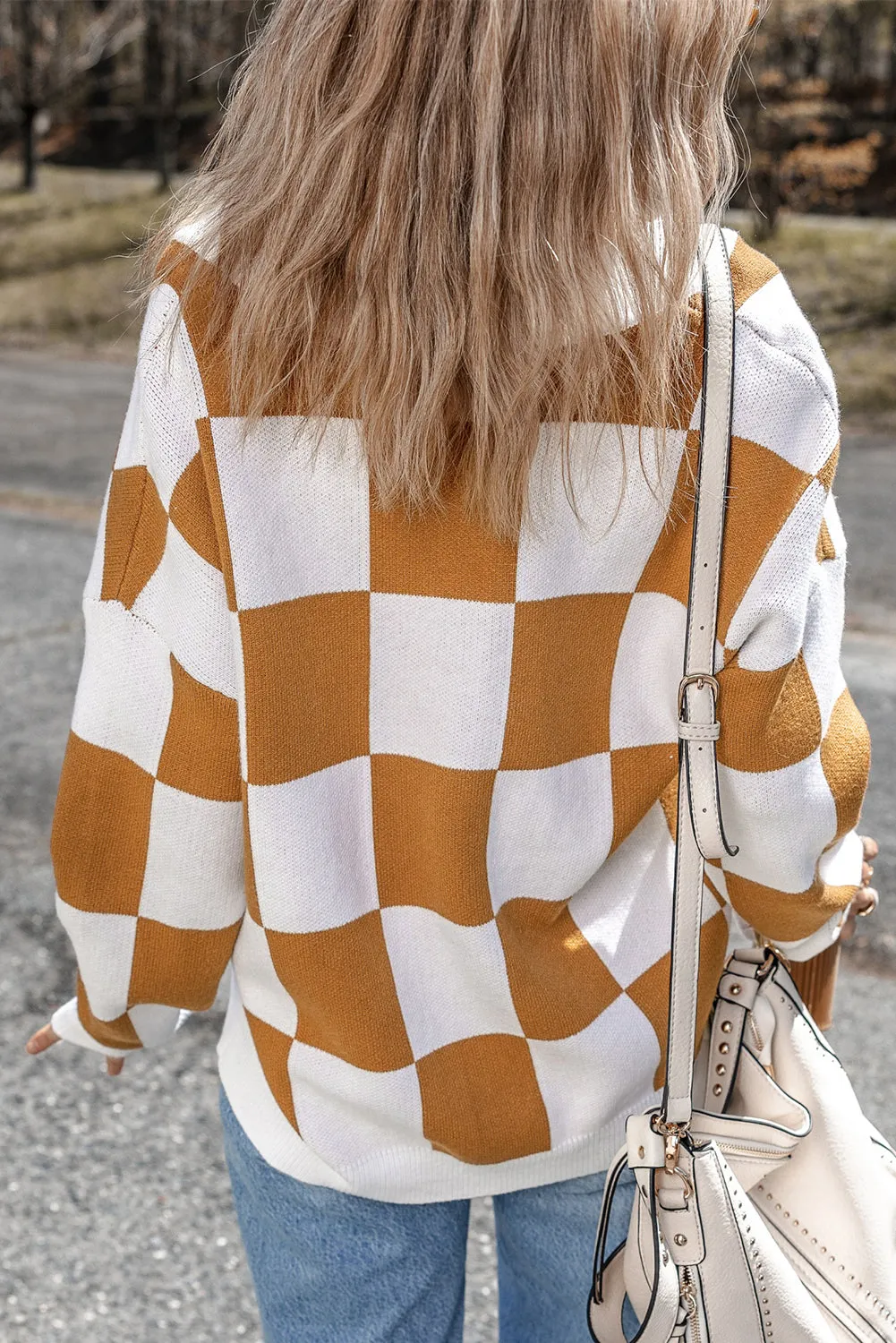 Checkered Print Button Up Sweater Cardigan