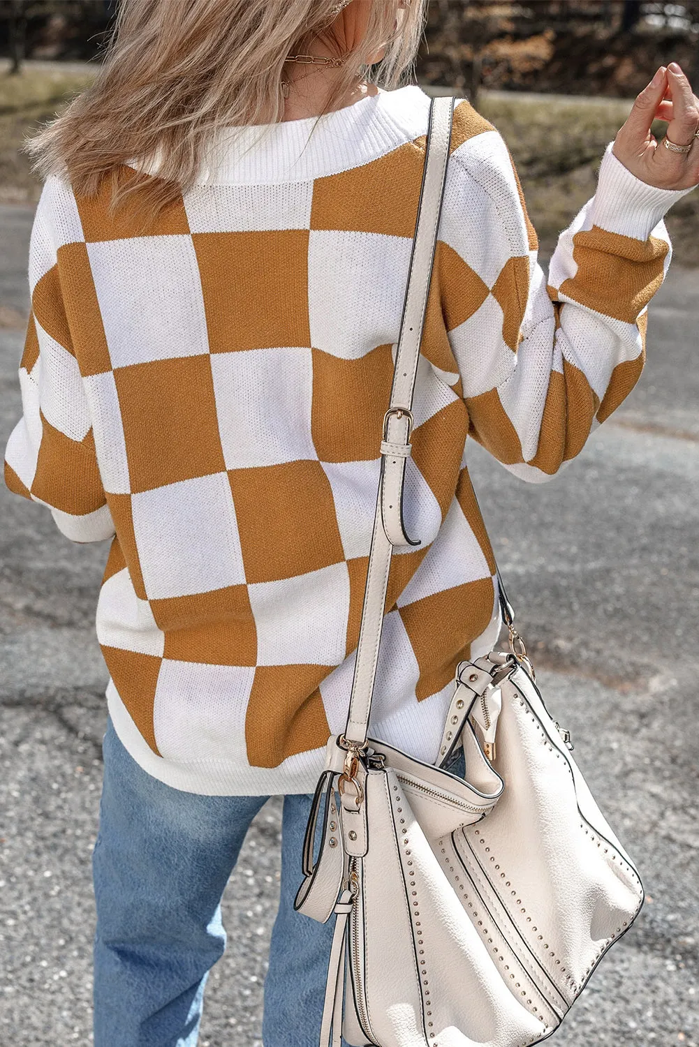 Checkered Print Button Up Sweater Cardigan