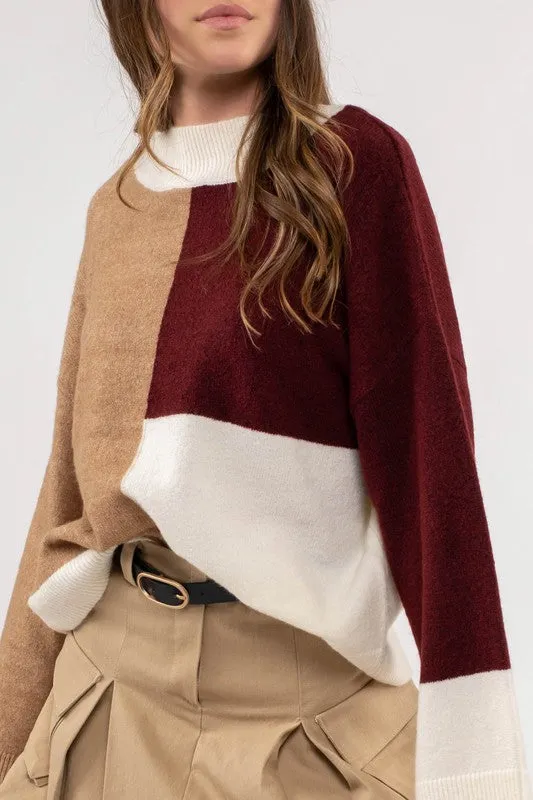 Colorblock Mock Neck Sweater