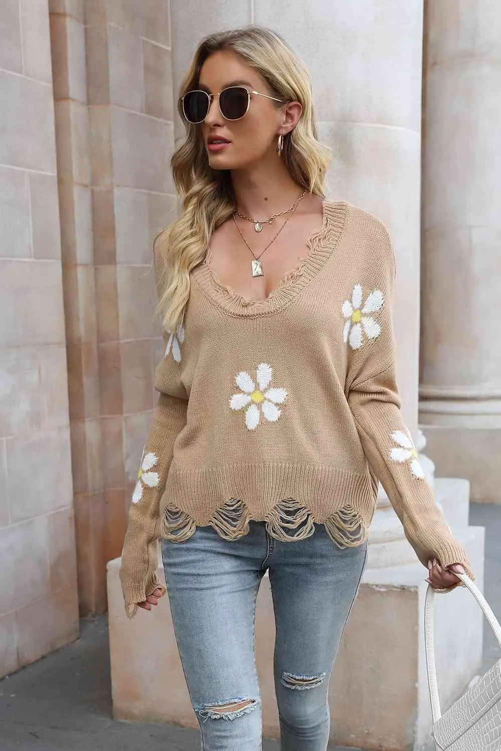 Cozy Blossom Distressed Knit Sweater