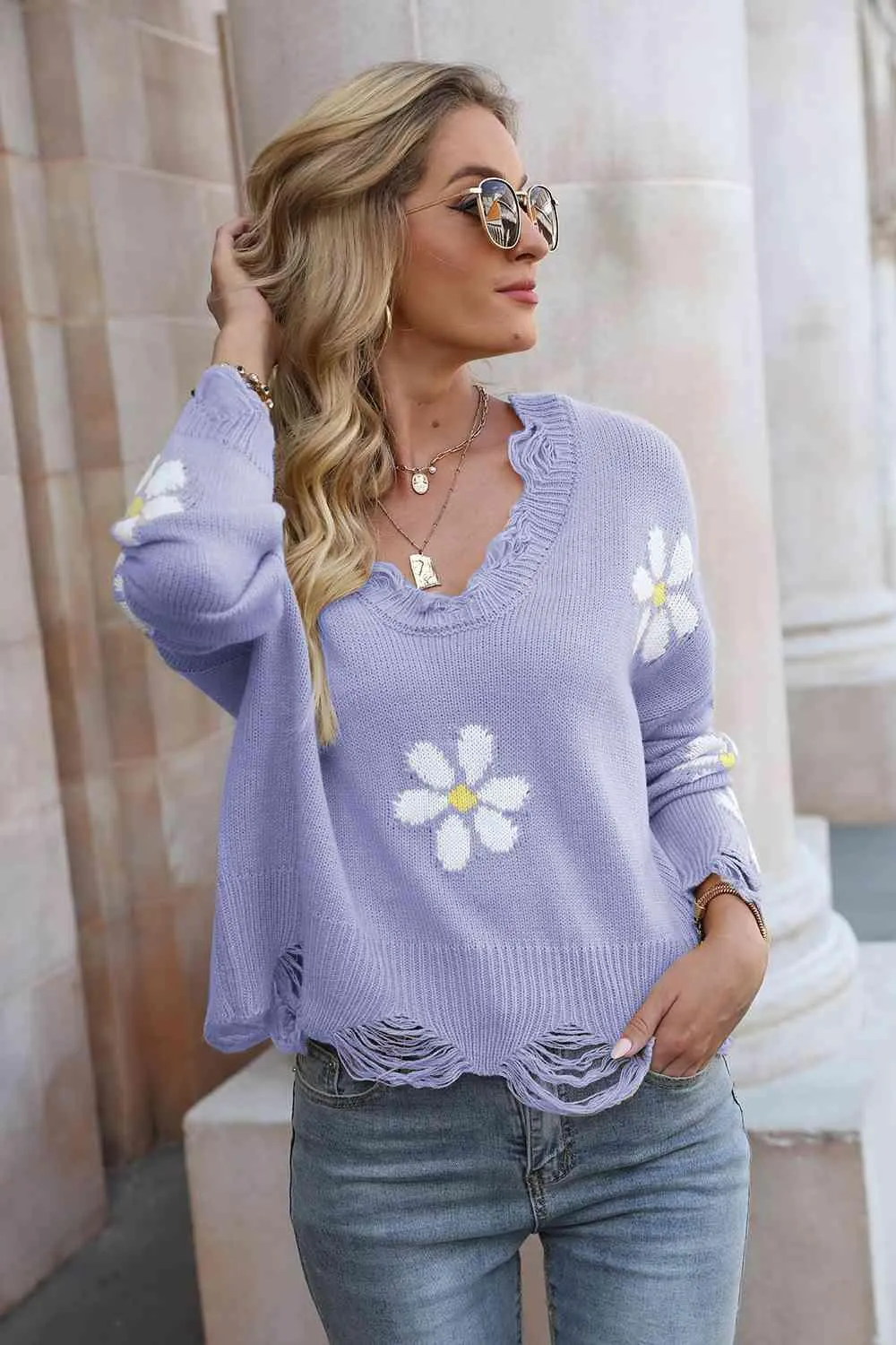 Cozy Blossom Distressed Knit Sweater