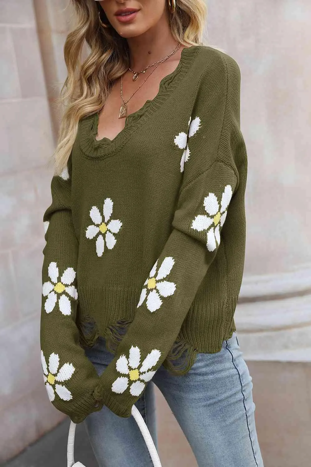 Cozy Blossom Distressed Knit Sweater