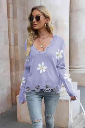 Cozy Blossom Distressed Knit Sweater