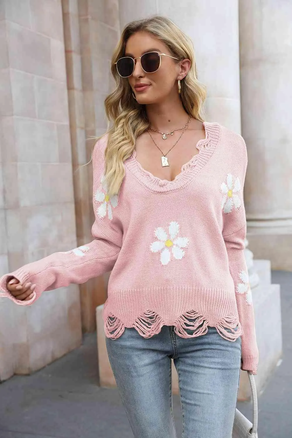 Cozy Blossom Distressed Knit Sweater