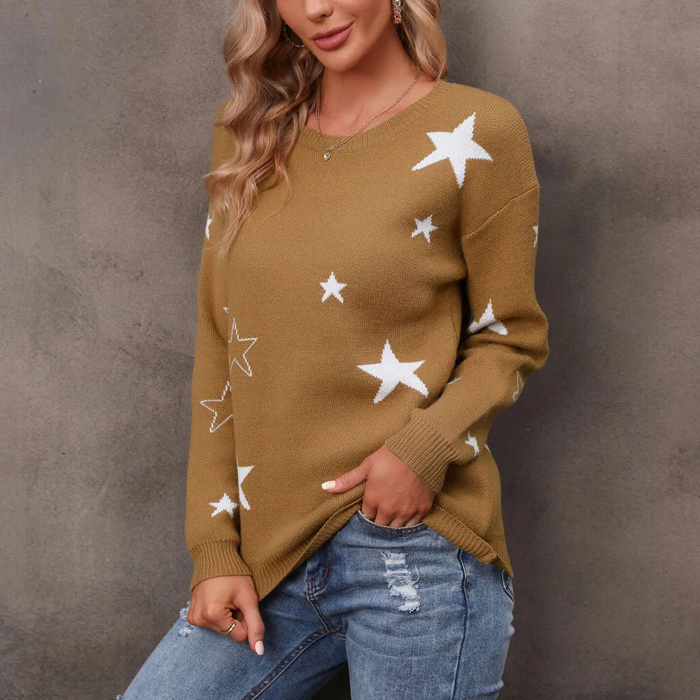 Cozy Camel Round Neck Long Sleeve Star Jacquard Knit Sweater