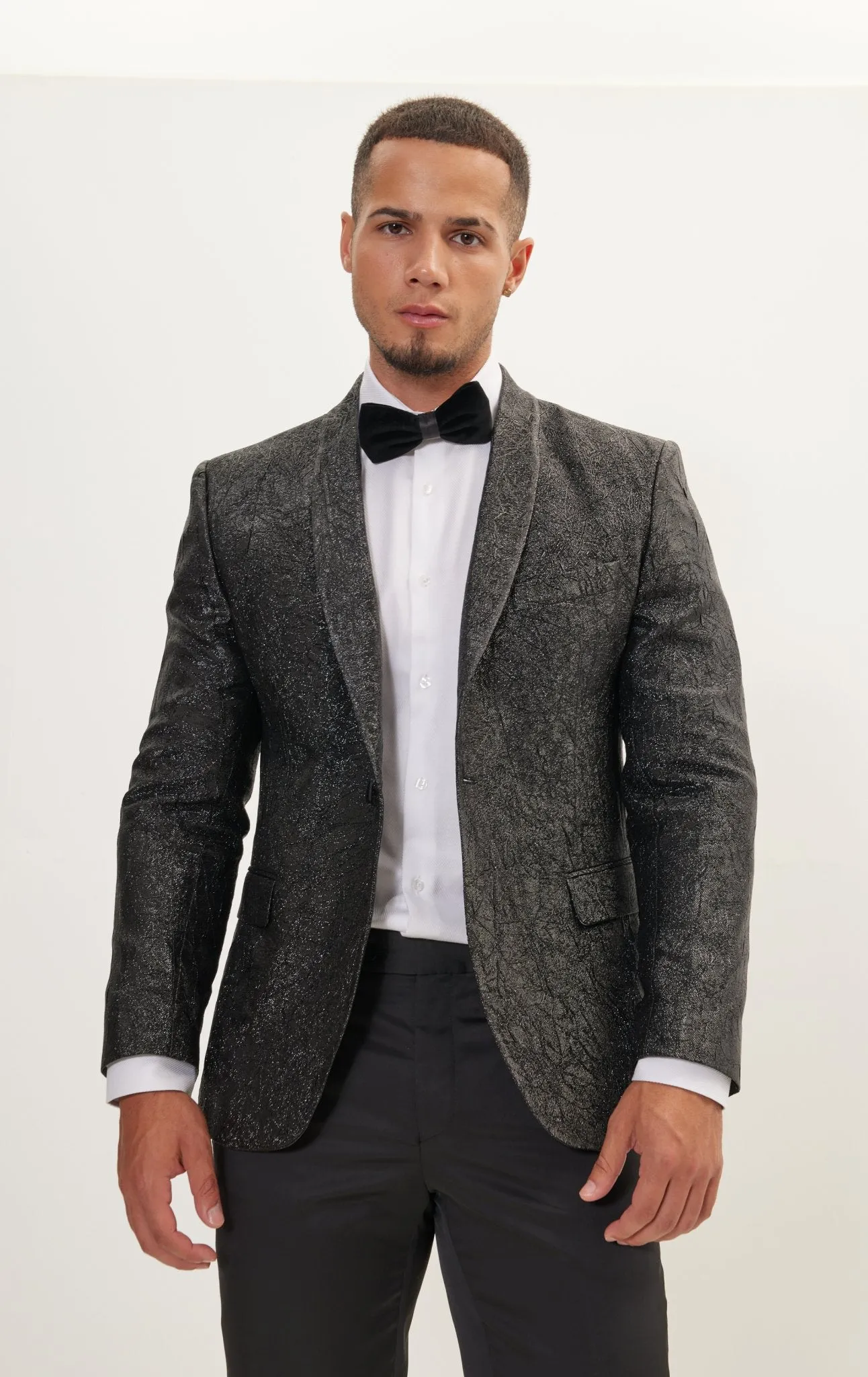 Crack Texture Pleated Metallic Tuxedo Jacket - Black