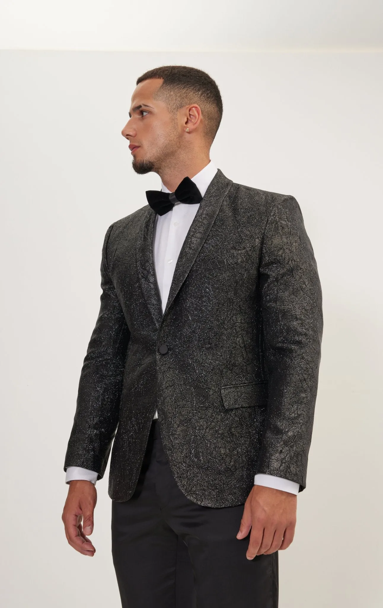 Crack Texture Pleated Metallic Tuxedo Jacket - Black