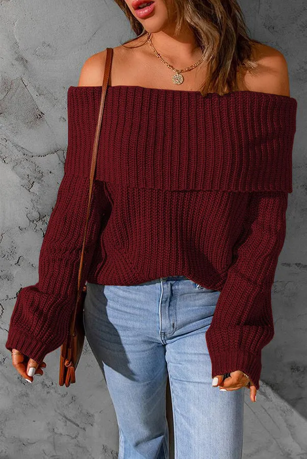 Curl Up and Get Cozy Off Shoulder Knit Sweater