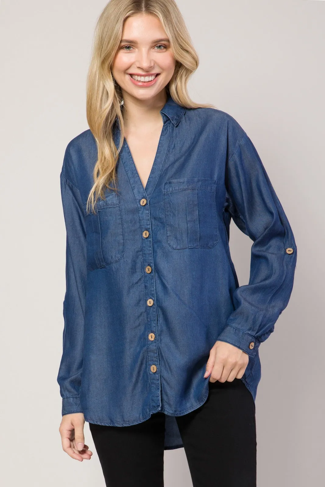 Dark Denim Chambray Button Down Denim Shirt