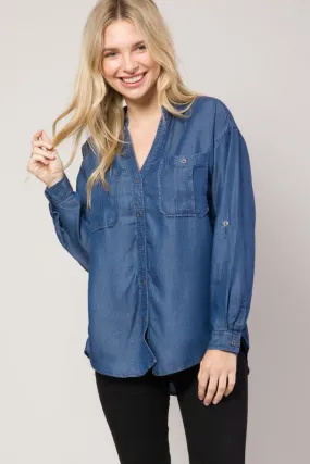 Dark Denim Chambray Button Down Split Neck Denim Shirt