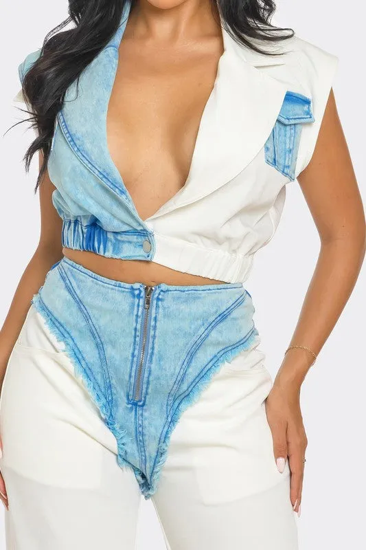 Denim Contrast Flowy Pant Set