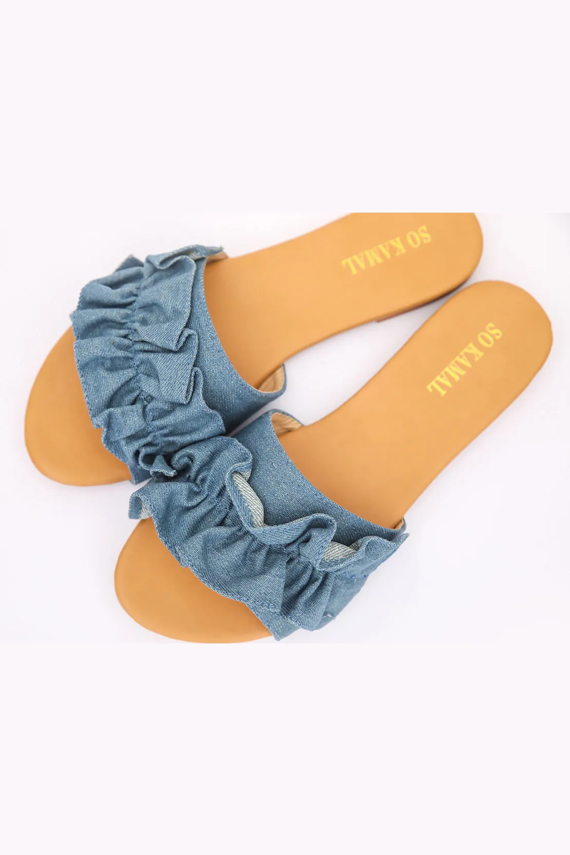 Denim Ruffled Flats - Light Blue