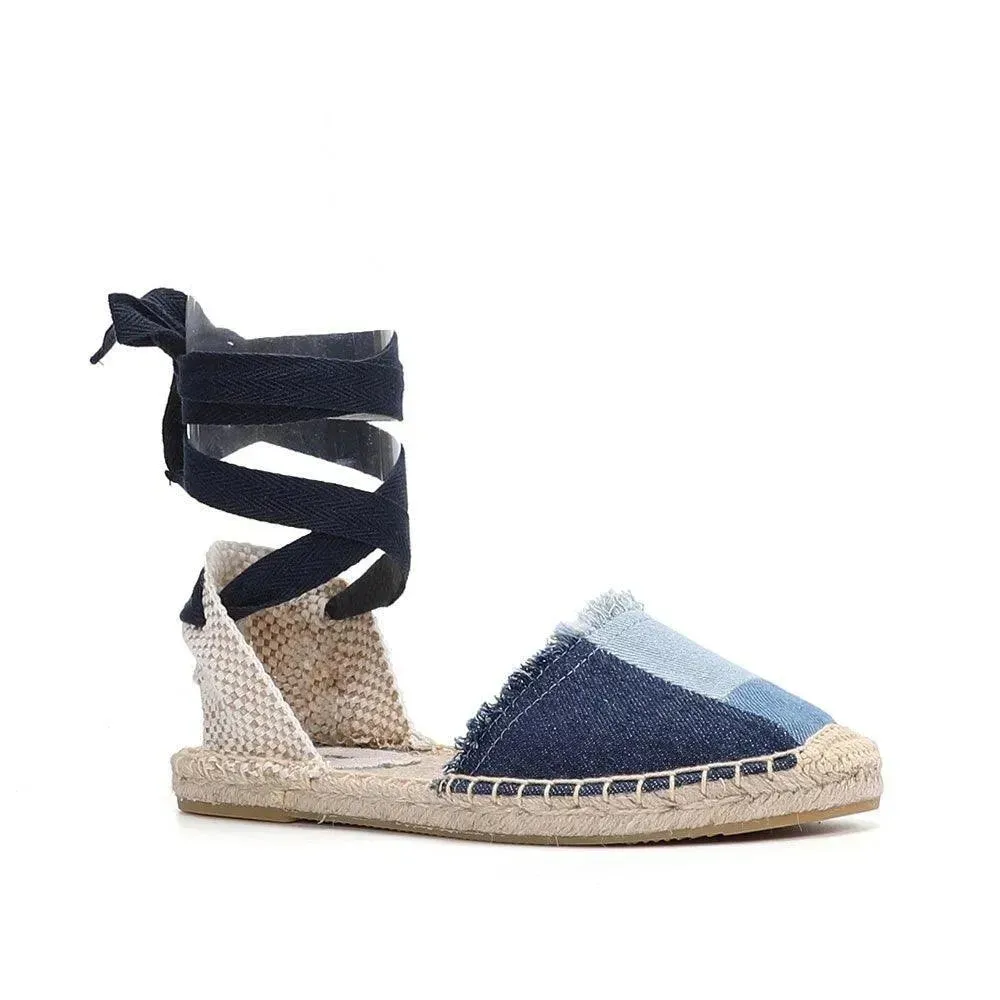 Denim T-Strap Espadrilles Flat Sandals