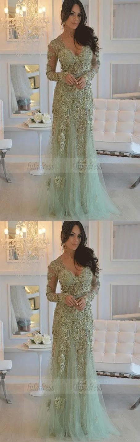 elegant mint prom party dresses with long sleeves, chic v-neck evening gowns with beaded long sleeves