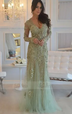 elegant mint prom party dresses with long sleeves, chic v-neck evening gowns with beaded long sleeves