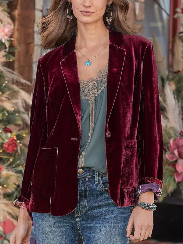 Elegant Notch Lapel Single-Breasted Velour Blazer in Velvet