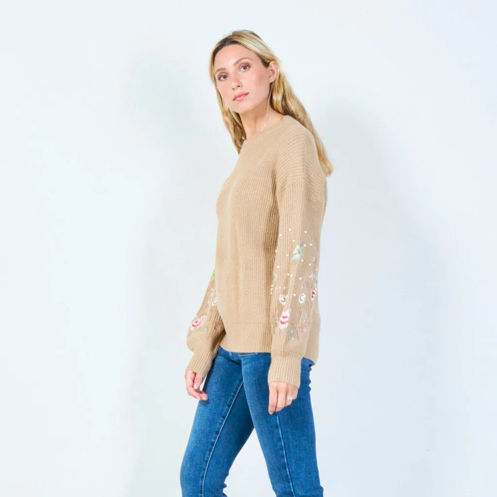 Embellished sweater with floral sleeves wholesale