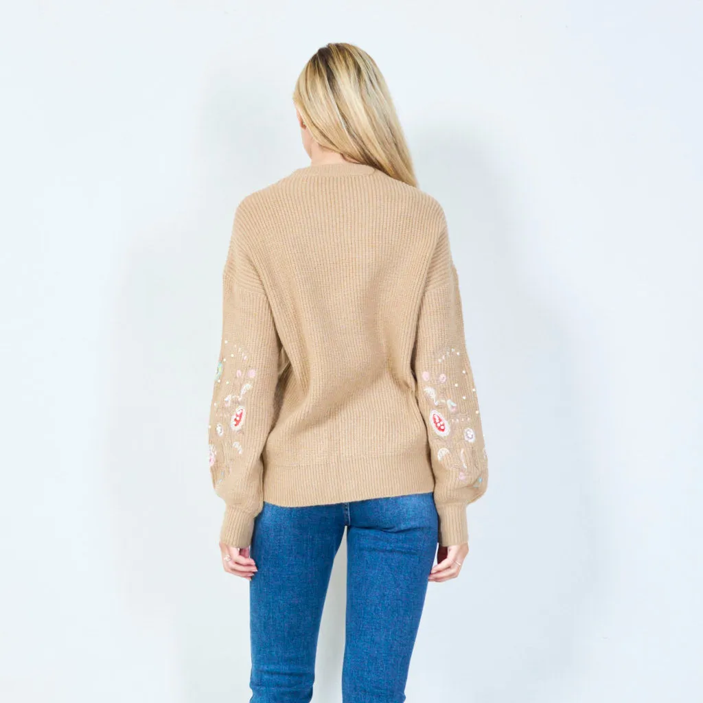 Embellished sweater with floral sleeves wholesale