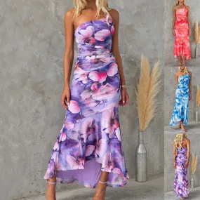 Flowers Print One-shoulder Dress Summer INS Casual Suspender Long Dresses Womens Clothing