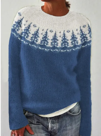 Forest Silhouette Contrast Color Cozy Knit Sweater