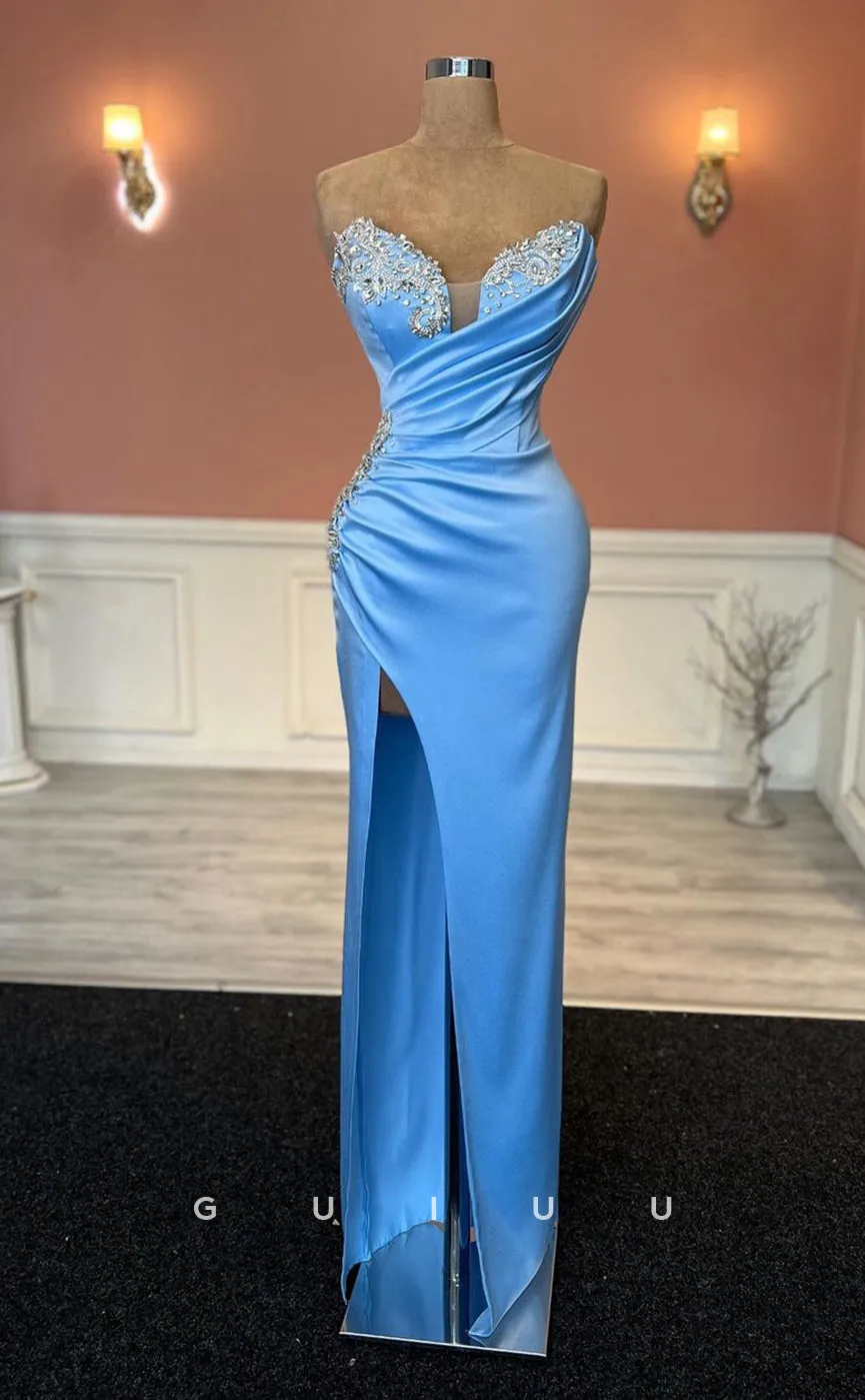 G2505 - Chic & Modern V-Neck Beaded Ruched Blue Long Prom Evening Dress