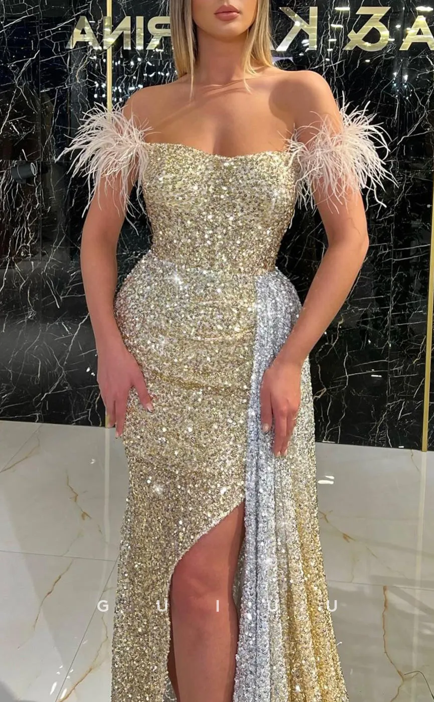 G2616 - Chic & Modern Glitter Feather Off-Shoulder Prom Evening Party Dress With Slit