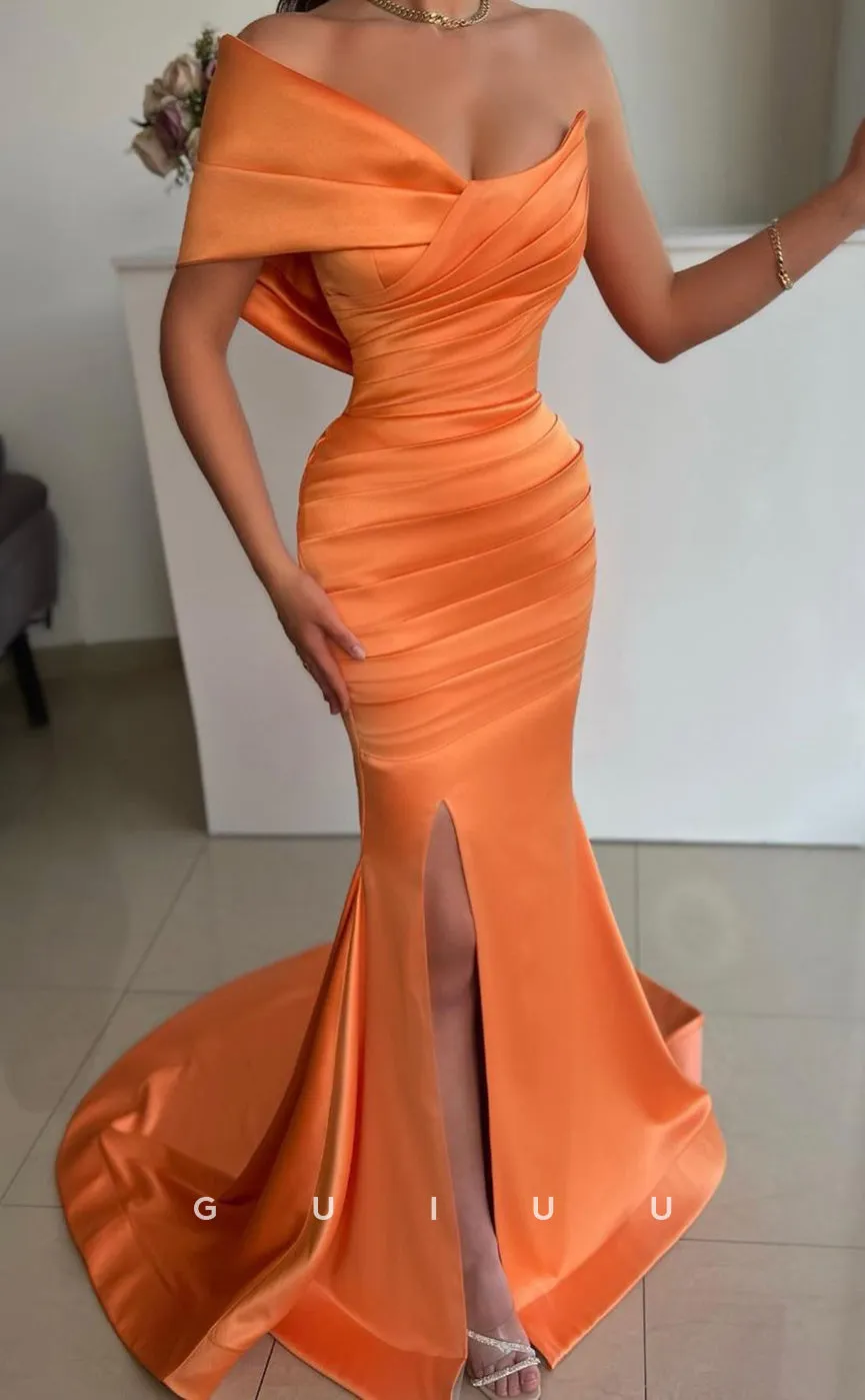 G2676 - Chic & Modern One Shoulder Ruched Orange Prom Evening Party Dress