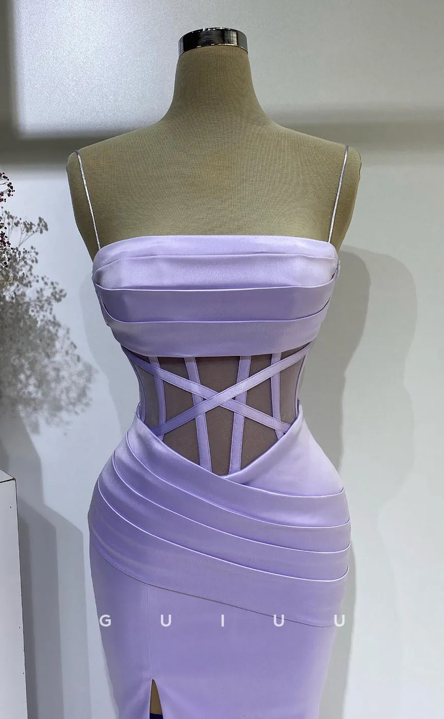 G2731 - Chic & Modern Straps Ruched Sheer Lavender Long Porm Evening Dress